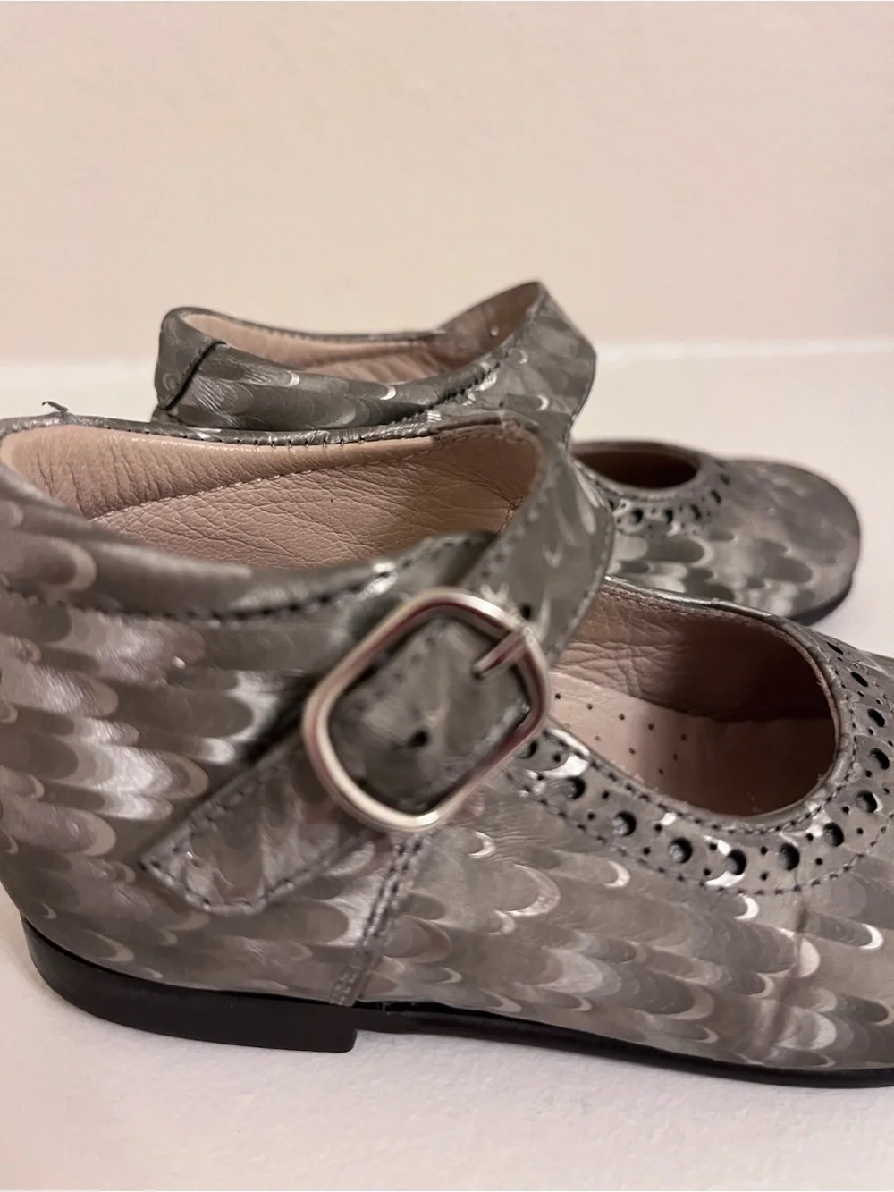 Mary Jane Shoes - Metallic Feather-Print Leather, Toddler EU 22 (US Toddler 6)